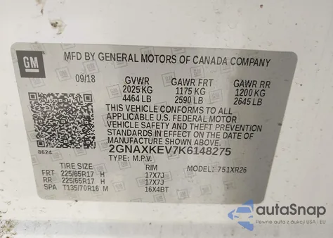 2019 Chevrolet Equinox Lt z USA, uszkodzony, nr VIN 2GNAXKEV7K6148275